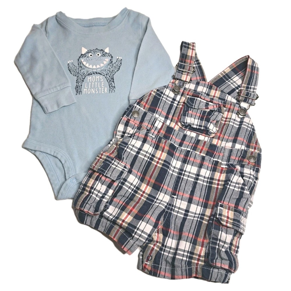 Baby Boy 12 Month Outfit Plaid‎ Overalls & "Mom's Little Monster" One PC Blue